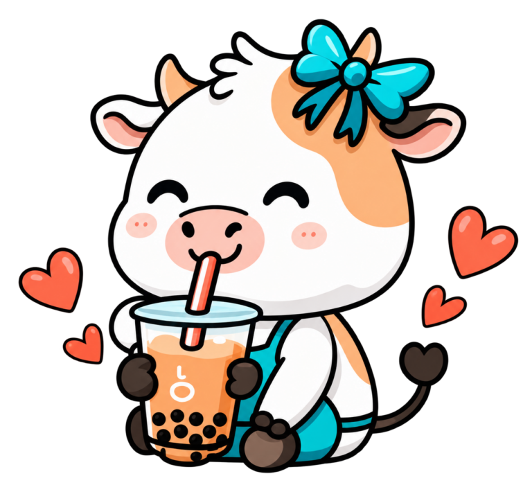 Boba Nation cow enjoying bubble tea